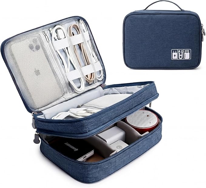 Lanola Travel Cable Organizer Bag, Electronic Accessories Case Portable Double Layer Cable Storage Bag for Cord, Charger, Flash Drive, Phone, SD Card,Personal Items - (Dark Blue)