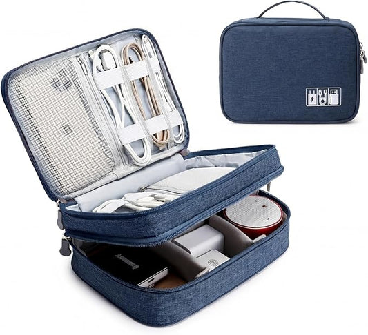 mygreen Electronic Accessories Organizer Bag, Waterproof Double Layer Travel Storage Case with Adjustable Padded Dividers, Portable Hard Pouch for Cables, Charger, Power Bank, Phone, Hard Drive Blue