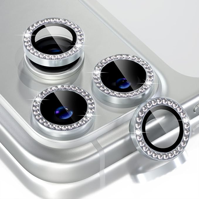 Choiche Compatible for iPhone 17 Pro/iPhone 17 Pro Max Camera Lens Protector Bling, 9H Tempered Glass Camera Cover Screen Protector Metal Ring Decoration Accessories (Diamond-Silver)