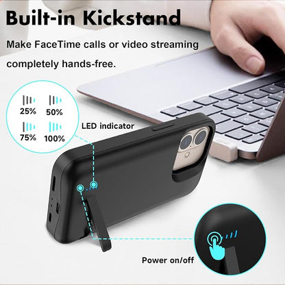 Battery Case for iPhone 16 (6.1 Inch) 8500 mAh, Slim Rechargeable Extended Charging Case, Portable Protective Phone Case with Battery Power Bank with Stand for iPhone 16 - Black