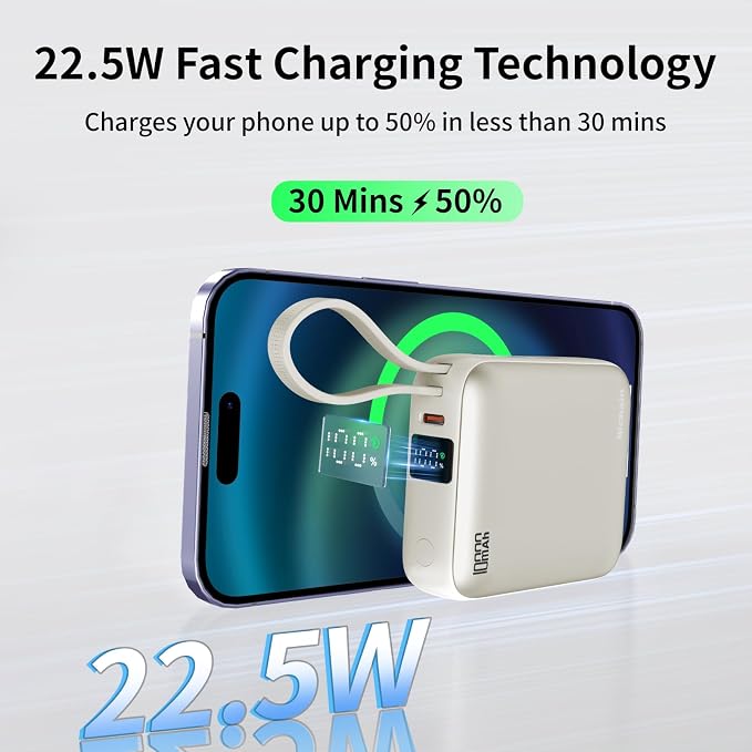 Hichain Small Portable Charger with Built in Cables LED Display Gold | Mini Power Bank 10000mAh 22.5W USB-C Fast Charging Battery Pack, Travel Essential Power Bank for iPhone, Samsung, Android