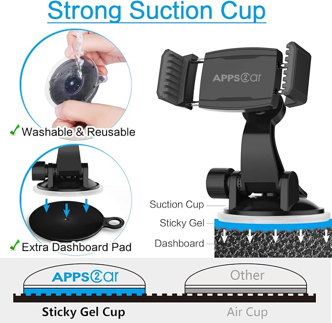 APPS2Car Suction Cup Phone Holder for Car with Adjustable Arm, Low Profile Dashboard Phone Mount Compact Windshield Window Dash Mobile Stand Compatible w/All iPhone and Android Cell Phones