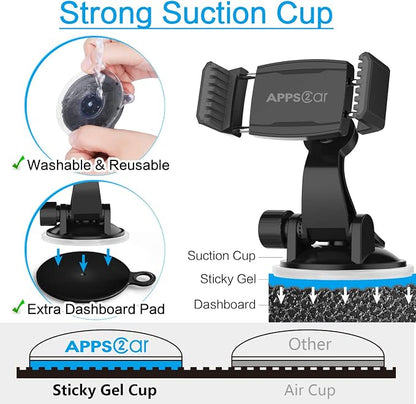 APPS2Car Suction Cup Phone Holder for Car with Adjustable Arm, Low Profile Dashboard Phone Mount Compact Windshield Window Dash Mobile Stand Compatible w/All iPhone and Android Cell Phones