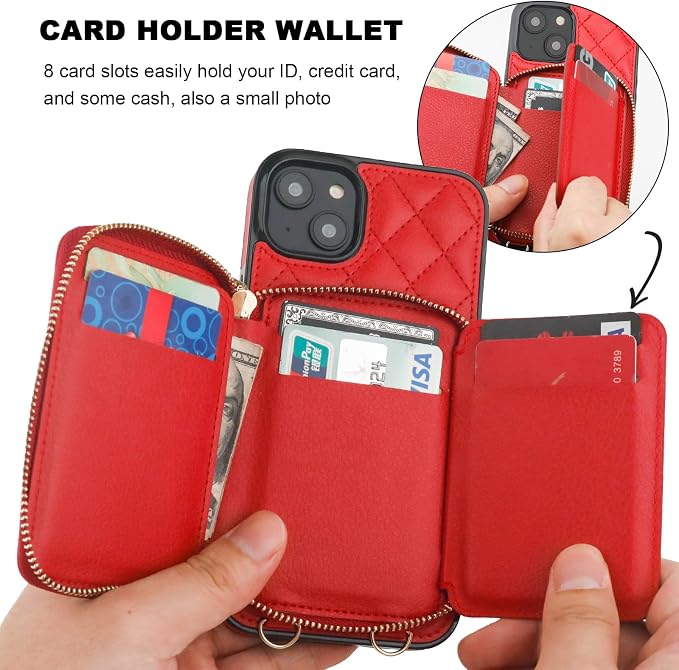 Bocasal Crossbody Wallet Case for iPhone 14 Plus, RFID Blocking PU Leather Zipper Handbag Purse Flip Cover, Kickstand Folio Case with Card Slots Holder Wrist Strap Lanyard 5G 6.7 Inch (Red)