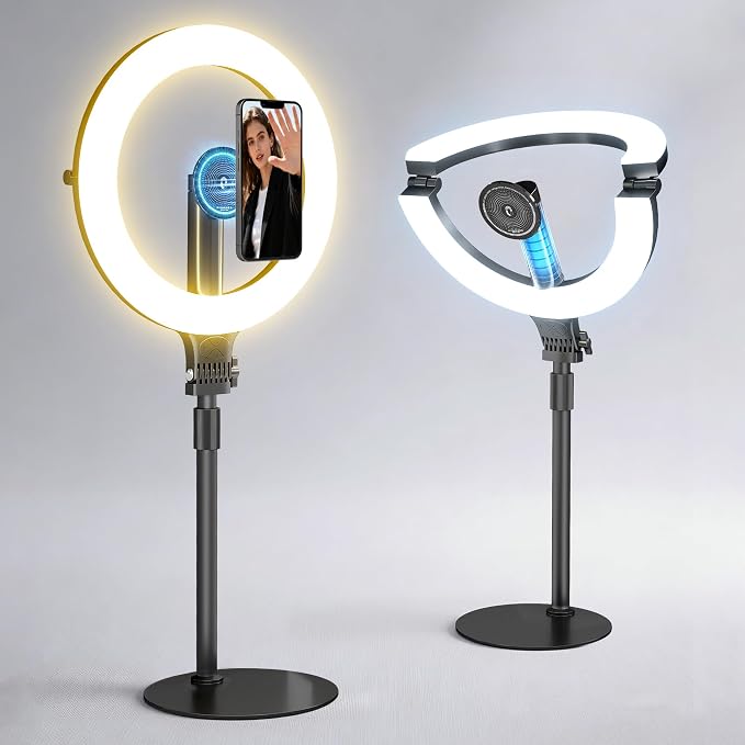 NiceVeedi 10.2” Magnetic Desk Ring Light with Stand, 5000mAh Rechargeable Desktop Ring Light for Phone，3 Color Foldable Selfie Light for Live Stream/Makeup/TikTok/YouTube/Photography/Zoom/Vlogging