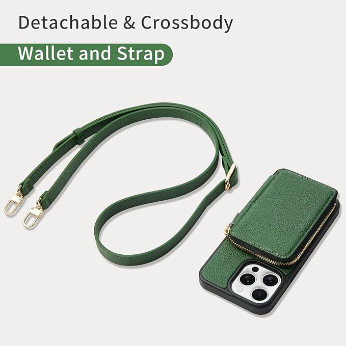 ZVE for iPhone 14 Pro Crossbody Wallet Case, Zipper Leather Phone Case with RFID Blocking Card Holder Wrist Strap Compatible with iPhone 14 Pro, 6.1 inch, Dark Green