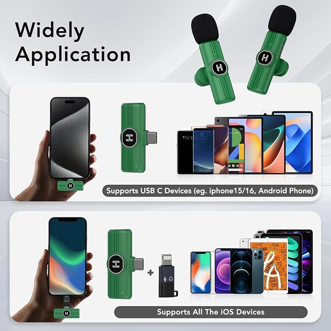 USB C Mini Wireless Lavalier Microphone for iPhone 15 16, iOS and Android Devices - Noise Reduction Lapel Mic for Recording, Clip Omni Lav Mic for Video Recording, Tiktok, Youtube, Vlog (Green)