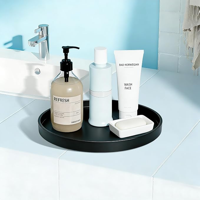 2 Pack 10" Bathroom and Vanity Tray, ABS Bathroom Counter Organizer, Coffee Table Decor for Perfume, Candles, Keys &More. Kitchen Countertop Organizer, Decorative Tray Soap Holder, Black