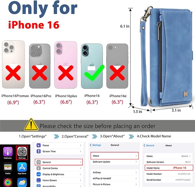 Wallet Case for iPhone 16 with Card Holder/Crossbody Wallet/Strap| RFID Blocking | Magnetic | Kickstand | Detachable | PU Leather Phone Case for iPhone 16,6.1 in,Sky Blue