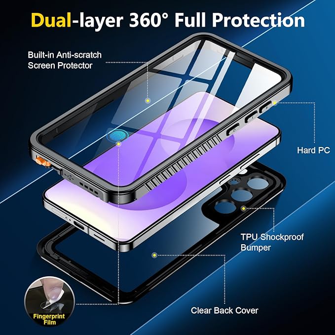 SPIDERCASE Upgraded for Samsung Galaxy S25 Case Waterproof,Built-in Screen & Camera Lens Protector[IP68 Underwater] [Military Grade Shockproof] Full Body Protection Phone Case,Black/Clear