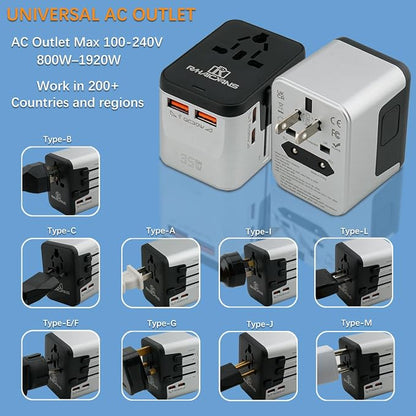 International Power Adapter with 4 Ports (2 USB-C & 2 USB-A) Fast Charging 35W Universal Travel Plug Adapter for USA, Europe, UK, Australia, China & 150+ Countries