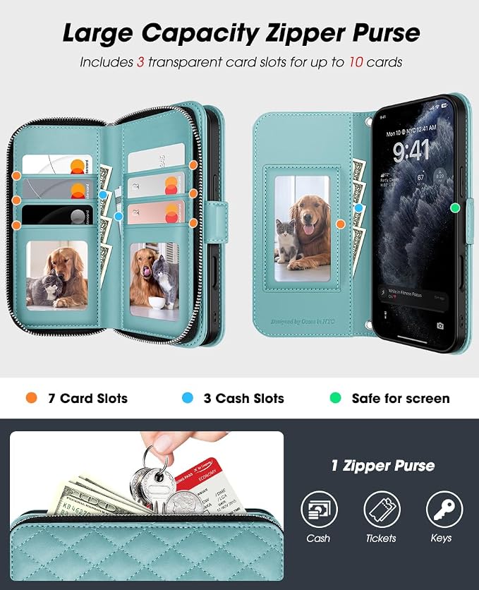 OCASE for iPhone 17 Crossbody Wallet Case - Stylish PU Leather Handbag Phone Purse with Zipper Closure, Card Slots & RFID Blocking - Wrist Strap, Lanyard, Kickstand - Diamond Check Green