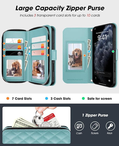 OCASE for iPhone 17 Crossbody Wallet Case - Stylish PU Leather Handbag Phone Purse with Zipper Closure, Card Slots & RFID Blocking - Wrist Strap, Lanyard, Kickstand - Diamond Check Green
