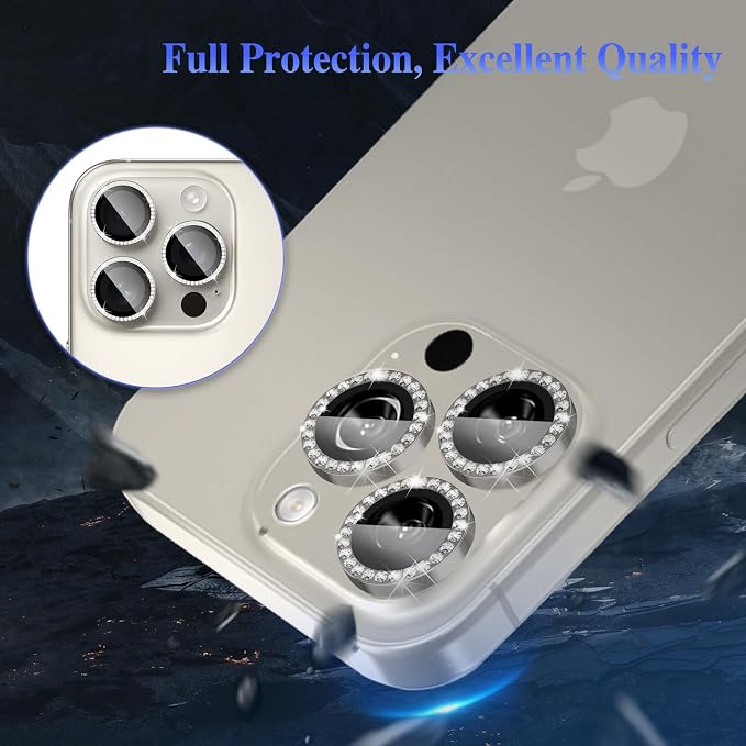 ShinKin Camera Lens Protector for iPhone 16 Pro/iPhone 16 Pro Max, Glitter Camera Cover, 9H Tempered Glass Individual Metal Ring Camera Protector for iPhone 16 Pro/16 Pro Max (Diamond - Natural)