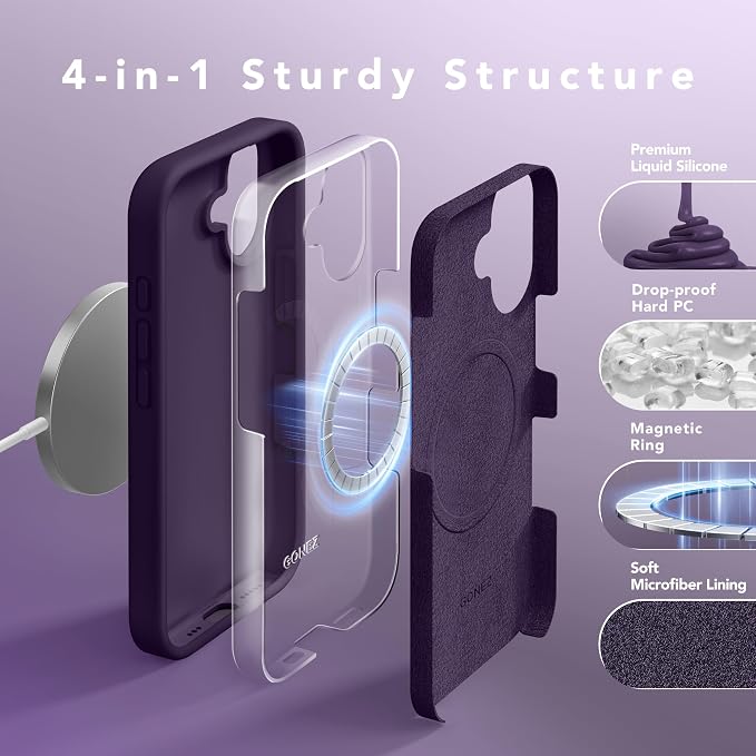 GONEZ Magnetic for iPhone 16 Case, Compatible with MagSafe, [Screen Protector + Camera Lens Protector], Liquid Silicone Shockproof Protective Phone Case for iPhone 16 6.1", Deep Purple