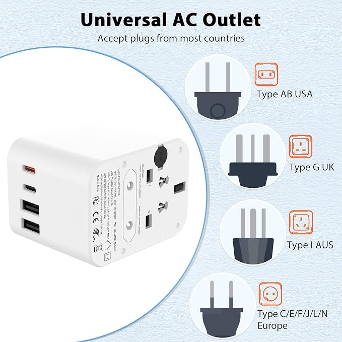 European Travel Plug Adapter, Universal Travel Adapter with PD Fast Charging, 5-Port (1 AC/2 USB-A/2 USB-C) International Power Adapter with Fuse Surge Protection for US EU UK AU - Black