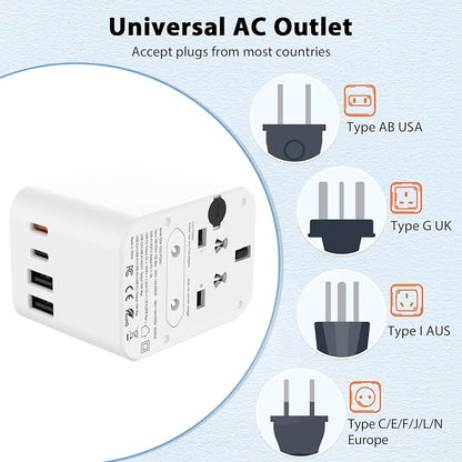 European Travel Plug Adapter, Universal Travel Adapter with PD Fast Charging, 5-Port (1 AC/2 USB-A/2 USB-C) International Power Adapter with Fuse Surge Protection for US EU UK AU - Black