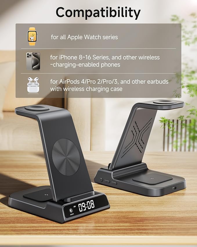 Wireless Charger for iPhone 17, 3 in 1 Charging Station for Apple Watch Watch 11/10/9/8/7/6/5, Ultra 3/SE 3, for iPhone 17/16/15/14/13/12/11/X Series, for Air Pods Pro 3/4/Pro 2 (No Adapter)