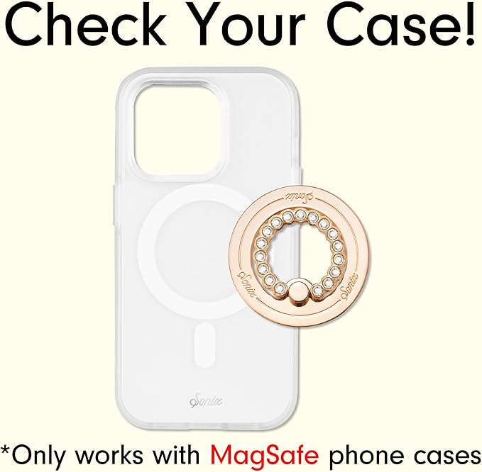Sonix Magnetic Phone Grip and Phone Ring Holder - Compatible with MagSafe - Rotatable Kickstand and Phone Holder for iPhone 16, 15, 14, 13, 12 Series - Gold/Clear Rhinestone