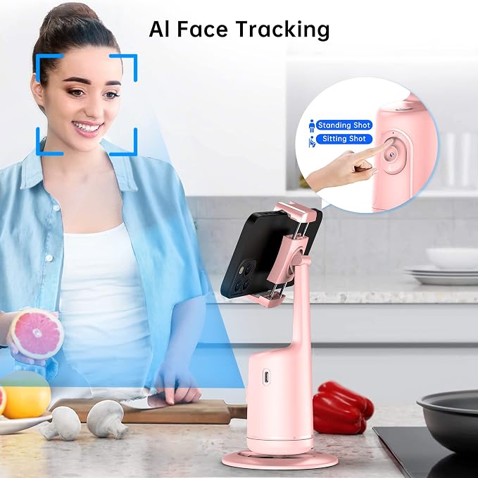 Auto Tracking Phone Holder, Auto Face Tracking Tripod, Portable All-in-one Smart Selfie Stick 360 Rotation Fast Face & Object Tracking Cameraman Robot Mount for Phone Video Vlog Live Streaming(Pink)