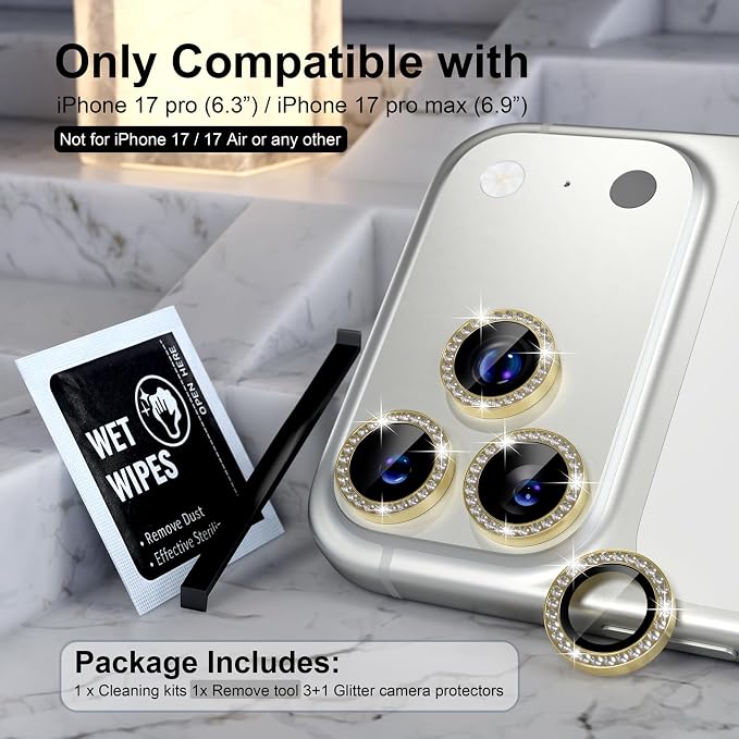 Choiche Compatible for iPhone 17 Pro/iPhone 17 Pro Max Camera Lens Protector Bling, 9H Tempered Glass Camera Cover Screen Protector Metal Ring Decoration Accessories (Diamond-Gold)