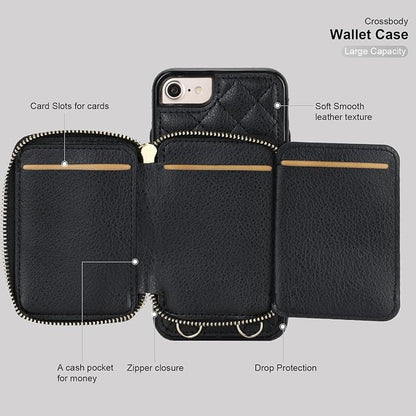 Bocasal Crossbody Wallet Case for iPhone SE 2022/SE 2020/8/7, RFID Blocking PU Leather Zipper Handbag Purse Flip Cover, Kickstand Folio Case with Card Slots Holder Wrist Strap Lanyard 4.7 Inch (Black)