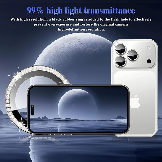 ShinKin Camera Lens Protector for iPhone 17 Pro/iPhone 17 Pro Max, Glitter Camera Cover, 9H Tempered Glass Individual Metal Ring Camera Protector for iPhone 17 Pro/17 Pro Max (Diamond - Gray)