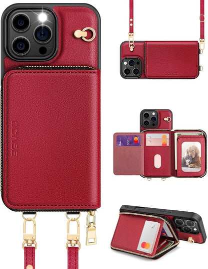 OCASE Compatible with iPhone 16 Pro Max Crossbody Wallet Case with Card Holder, PU Leather Zipper Handbag Phone Purse with RFID Blocking Kickstand Wrist Strap Lanyard 6.9 Inch, Dark Red
