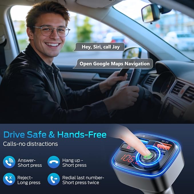 Bluetooth 5.4 Car Adapter, Wireless FM Transmitter with Deep Bass Player, 48W Fast Charging Bluetooth Adapter for Car, Hands-Free Calling & Audio Receiver, MP3 Music Player, Support USB Drive