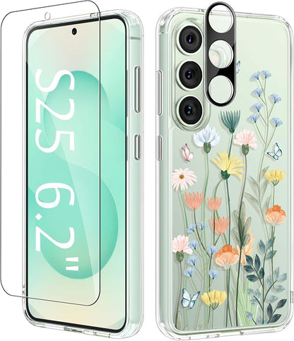 GVIEWIN for Samsung Galaxy S25 Case, Clear Floral Slim Shockproof Protective Women Phone Case, Non-Yellowing, with Screen Protector & Camera Lens Protector for Galaxy S25 6.2", Bloomtrail/Colorful