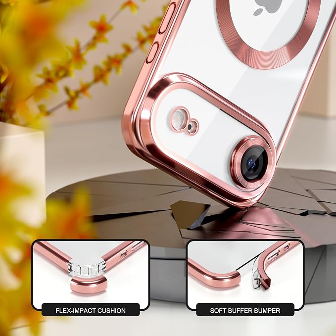 Misea Magnetic for iPhone 17 Air Case Compatible with MagSafe [Never Yellowing] [Military Grade Drop Protection] Full Camera Lens Protector Plating Soft Clear Phone Case for Women, Pink