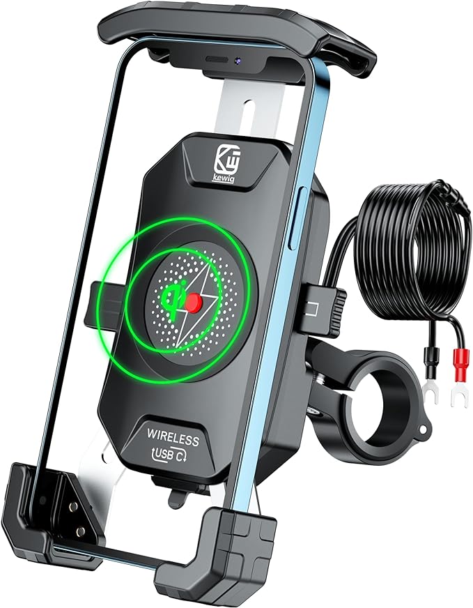 BRCOVAN Motorcycle Phone Mount Holder with Qi 15W Wireless Charger & PD/USB-C 20W Fast Charging Port, [1s Lock] Cellphone Cradle with Aluminum Alloy Handlebar Mounting Base for 4-7'' Smartphone