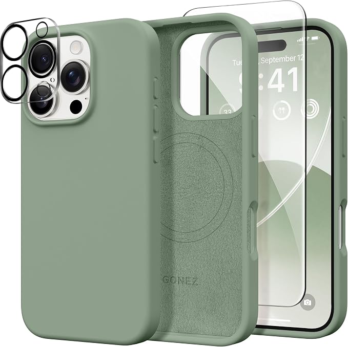 GONEZ Magnetic for iPhone 16 Pro Case, Compatible with MagSafe, [Screen Protector + Camera Lens Protector], Silicone Shockproof Anti-Scratch Protective Phone Case 6.3 inch, Light Green
