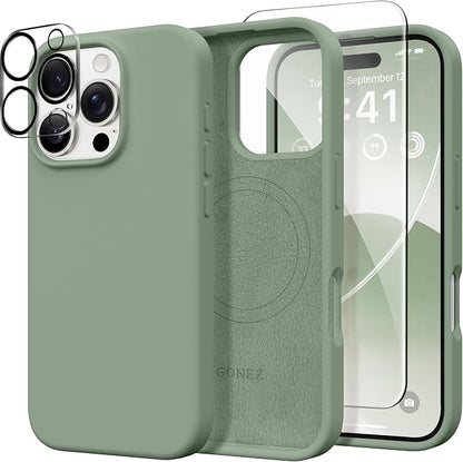 GONEZ Magnetic for iPhone 16 Pro Case, Compatible with MagSafe, [Screen Protector + Camera Lens Protector], Silicone Shockproof Anti-Scratch Protective Phone Case 6.3 inch, Light Green