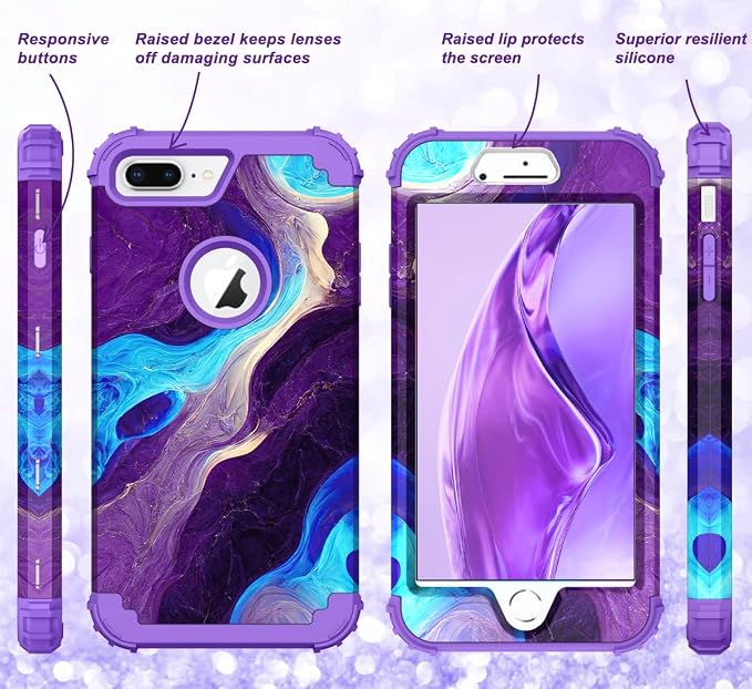 Hocase Heavy Duty Shockproof Protection Hard Plastic+Silicone Rubber Hybrid Protective Case for iPhone 7 Plus/iPhone 8 Plus - Blue Purple Marble