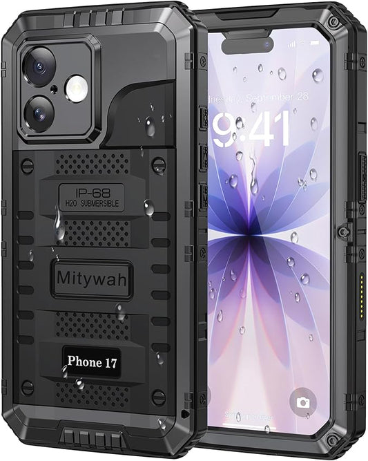 Mitywah Waterproof Case for iPhone 17, Rugged Metal Case with Built-in Screen Protector, Heavy Duty Full Body Shockproof Protective Cover 6.3 inch, Black