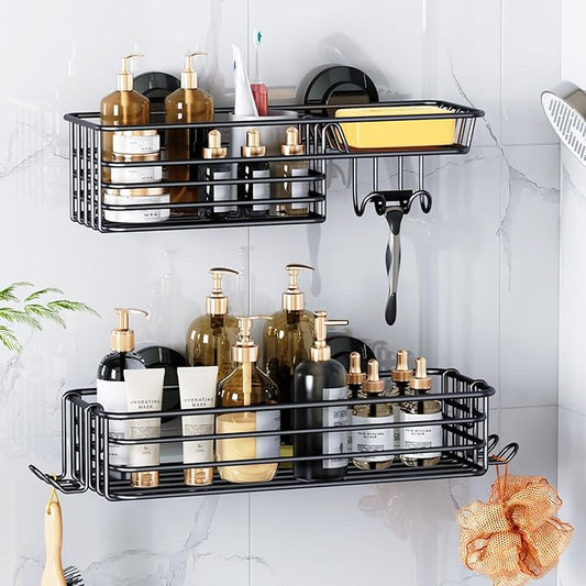 LEVERLOC Shower Caddy Suction Cup, 2 Pack suction shower shelf with Hooks & Soap holder, NO-Drilling Bathroom Holder, Rustproof bathroom organizer, Black