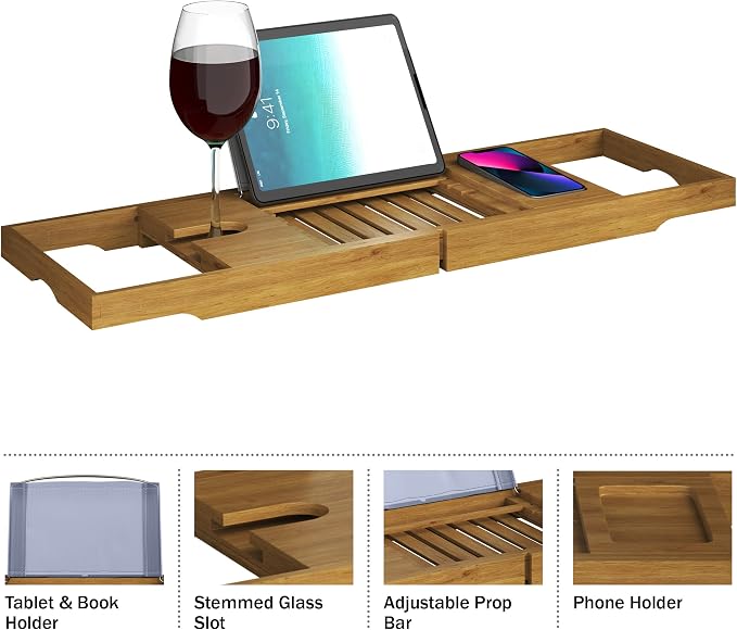 Acacia Bathtub Tray - Natural Wood Tray with Extended Sides, Wine Glass Holder, Book, Phone, or Tablet Rest - for Bath Accessories by Home-Complete