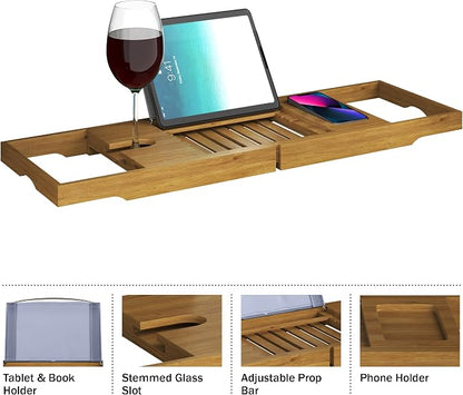 Acacia Bathtub Tray - Natural Wood Tray with Extended Sides, Wine Glass Holder, Book, Phone, or Tablet Rest - for Bath Accessories by Home-Complete