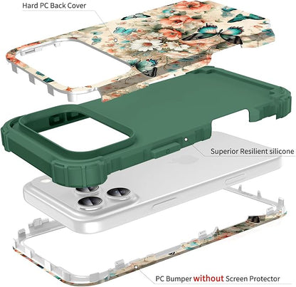 Hocase for iPhone 17 Pro Case 6.3", Heavy Duty Shockproof Protection Soft Silicone Rubber+Hard Plastic Bumpers Hybrid Protective Case for iPhone 17 Pro 2025 - Teal Green Butterflies