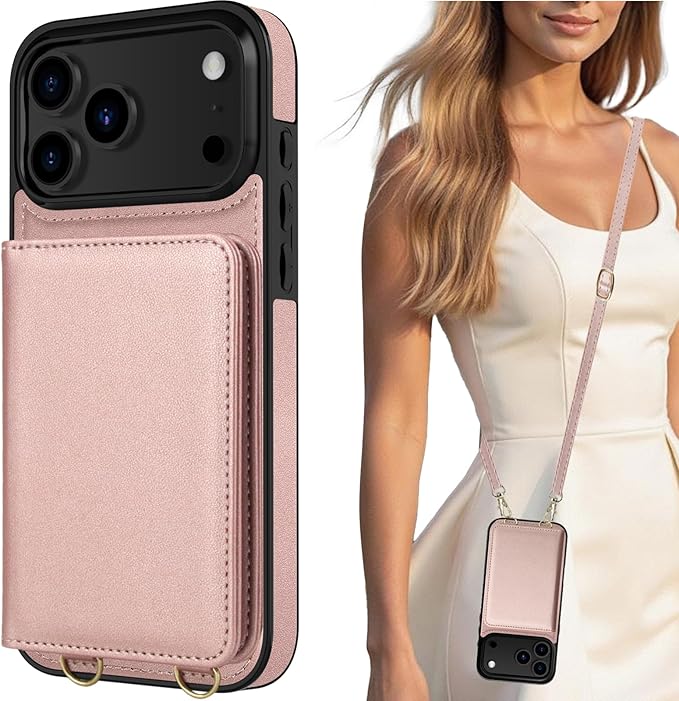 LOHASIC for iPhone 17 Pro Max Case Wallet with Detachable Crossbody Strap & Wrist Lanyard, RFID Blocking, 4 Card Slots 2 Cash Pockets, Leather Case with Card Holder for Women Girls, Rose Gold/Pink