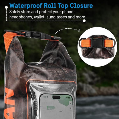 Pelican Marine IP68 Waterproof Dry Bag 2L - Roll Top Waterproof Backpack w/Phone Case/Pouch - Boating & Kayak Accessories - Essentials for Camping Swimming Beach Fishing Rafting Travel - Hunter Camo