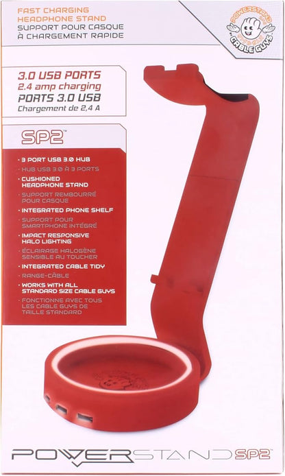 Cable Guys Powerstand SP2: RED - Light Up Three Port Charging Station & Headphone Cradle for Cable Guys, The Original Mobile Phone & Gaming Controller Holder, Exquisite Gaming