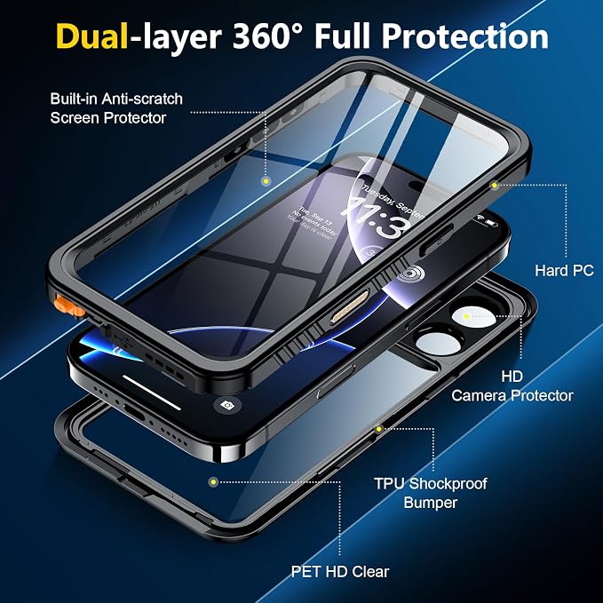 SPIDERCASE for iPhone 16 Pro Case Waterproof, [12FT Military Drop Proof] [IP68 Waterproof] [Full Body Protection] Heavy Duty Protective Cover for iPhone 16 Pro 6.3”, Black