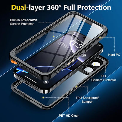 SPIDERCASE for iPhone 16 Pro Case Waterproof, [12FT Military Drop Proof] [IP68 Waterproof] [Full Body Protection] Heavy Duty Protective Cover for iPhone 16 Pro 6.3”, Black