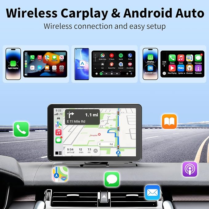 CarPlay Screen for Car, 9'' Wireless CarPlay & Android Auto - Smart Portable Touchscreen with Bluetooth/FM, Mirror Link, Voice Control, GPS Navigation, Plug & Play Car Play Screen, Silver