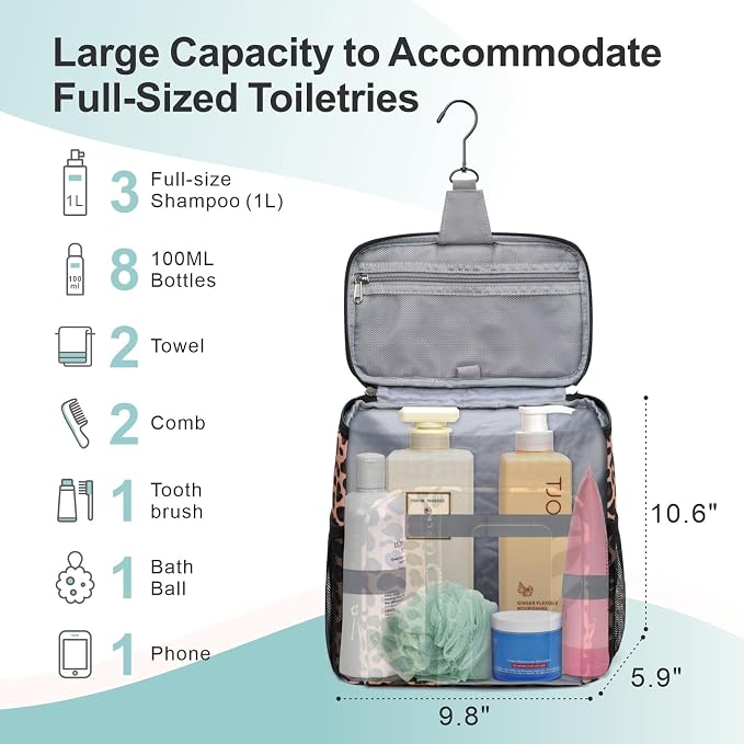 F-color Shower Caddy Portable for College Dorm Essentials - Large Hanging Sturdy Handle Toiletry Tote Bag with Hook, Multiple Pockets, Quick Dry Organizer for Camping, Travel, Gym, Leopard