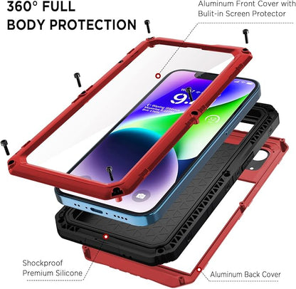 Beasyjoy for iPhone 14 Case Waterproof, Metal Heavy Duty Full Body Protective Case with Built-in Screen Protector, Military Grade Shockproof Dustproof Defender Rugged Cover 6.1 Inch, Red