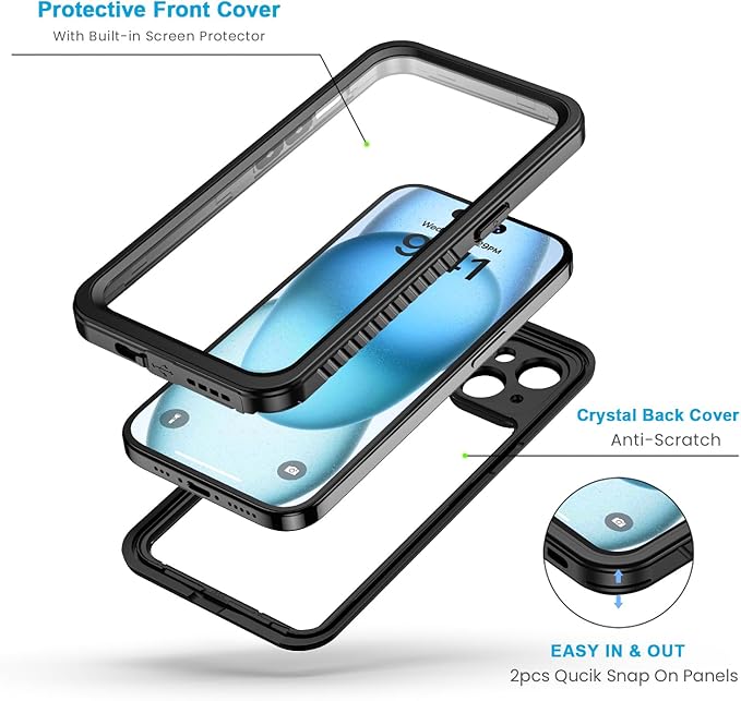 Lanhiem for iPhone 15 Case, IP68 Waterproof Dustproof Shockproof for iPhone 15 Cases with Built-in Screen Protector, Protective Heavy Duty Rugged Phone Cover for iPhone 15-6.1 inch (Black/Clear)