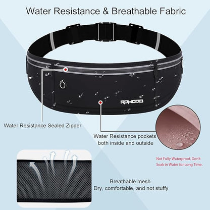 Slim Running Belt，Water Resistant Fanny Pack for Women Men，3 Pocket Phone Holder for Running Walking Cycling，Adjustable Reflective Running Waist Bag for iPhone 16 15 14 13 Pro Max Samsung Black